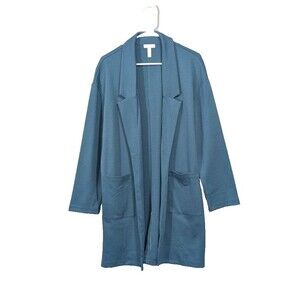 Leith Duster Long Blazer Women's MEDIUM Teal Open Front Pockets Cottagecore Boho